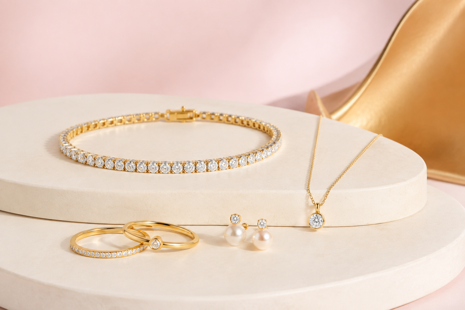 Gold, crystal, and pearl-inspired jewelry on ivory pedestals