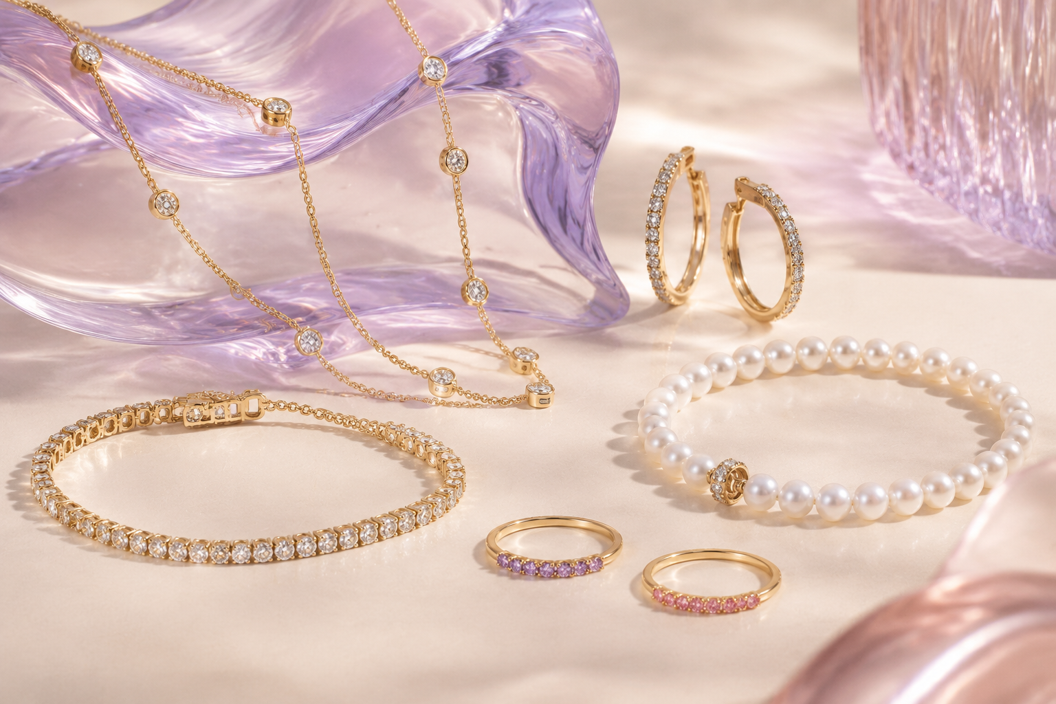 Classic jewelry styled with soft lavender glass